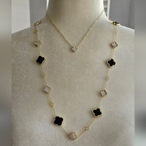 Black & White Clover Necklace Set Of 2 Gold Tone Layered 16” & 26” NWOT
